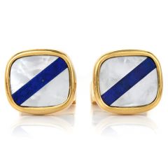 Signed Vintage Retro Lapis Lazuli &  Mother Of Pearl 18K Yellow Gold Cushion Men Cufflinks