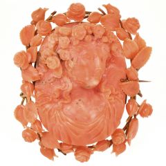 Antique Carved Coral Lady Motif 14K Yellow Gold Roses Collectible Brooch Pin