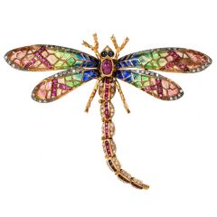 Vintage Plique A Jour Diamond Ruby Sapphire 18K Yellow Gold Dragonfly Brooch Pin