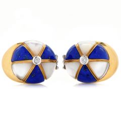 Vintage Diamond Lapis Lazuli Mother Of Pearl 18K Gold Baseball Cap Cufflinks
