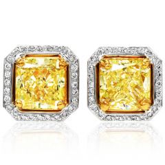 GIA Certified Fancy Yellow Cushion Diamond 18K Gold Halo Stud Earrings