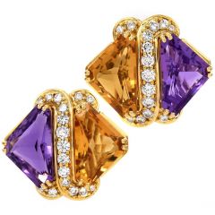 Hammerman Brothers Diamond Citrine Amethyst Gold Crossover Clip-On Earrings