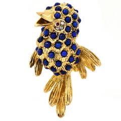 Vintage Lapis Lazuli Diamond Ruby 18K Yellow Gold Bird Textured Brooch Pin