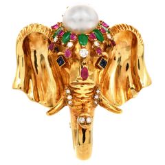 Vintage Elephant Diamond Pearl Sapphire Ruby Emerald 18K Gold Brooch Pin