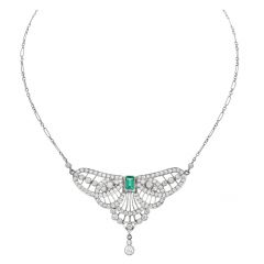 Art Deco Design Diamond Emerald Platinum Butterfly Pendant Necklace 