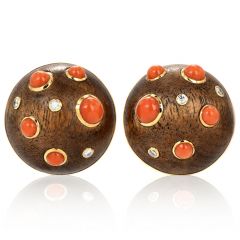 Trianon By Seamas Scheeps Wood Diamond Coral 18K Gold Bead Dome Clip-On Earrings