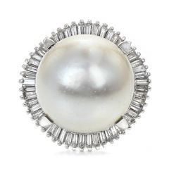 Estate 17 MM South Sea Pearl Diamond Platinum Ballerina Cocktail Ring