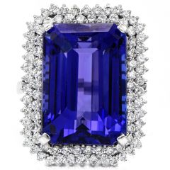 GIA 27.13 carat Tanzanite Diamond Platinum Flower Halo Cocktail Ring