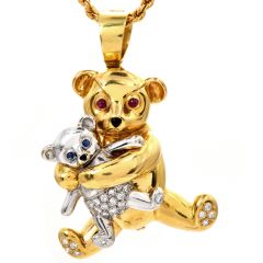 Ralston Vintage Diamond Ruby Sapphire 18K Gold Teddy Bear Collectible Pin Brooch Pendant