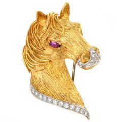 Italian Exceptional Diamond Ruby 18K Yellow Gold Horse Head Brooch Pin