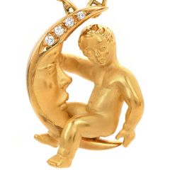 Carrera Y Carrera Diamond 18k yellow Gold Moon Child Pendant Chain Necklace