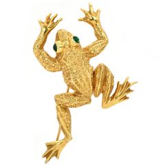 Vintage Kurt Wayne Emerald 18K Yellow Gold Frog Brooch Pin