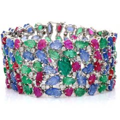  Diamond Sapphire Ruby  "Tutti Frutti" 18K White Gold Wide Bracelet