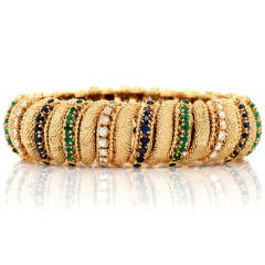 Vintage 6.00cts Diamond Sapphire Emerald 18K Yellow Gold Textured Link