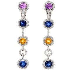 Modern Diamond Blue Yellow Pink Sapphire18K Gold Halo Link Dangle Earrings