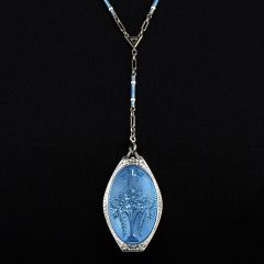 Antique Blue Enamel White Gold Locket Flower Pendant Chain Necklace