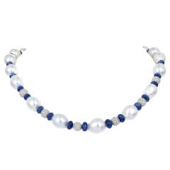 High Lustrous Pearl 5cts Diamond balls sapphire bead Gold Necklace