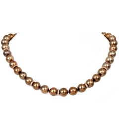 Fine Tahitian Golden Brown Pearl Diamond 18K Rose Gold Bead Necklace