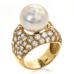 Retro Vintage 5.50ct Diamond South Sea Pearl 18K Yellow Gold Pave Cocktail Ring