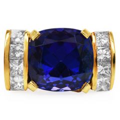 GIA Cushion Tanzanite 15.01cts Diamond 18K Gold Cocktail Ring |Dover Jewelry|