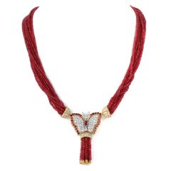 Vintage Ruby Diamond 18K Gold Butterfly Brooch Beaded Strand Necklace