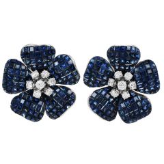 Vintage Diamond Blue Sapphire 18K White Gold Flower Clip On Earrings