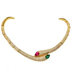 Estate Diamond Ruby Emerald Serpent Bypass Necklace