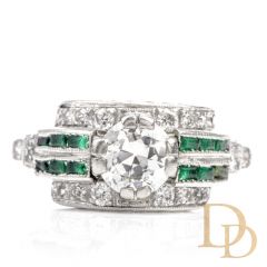 Antique 1920s Diamond Emerald Platinum Engagement Cocktail Ring