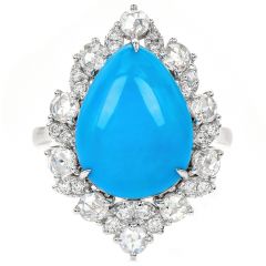 Estate Turquoise 7.07cts Diamond 18K White Gold Halo Sparkly Cocktail Ring