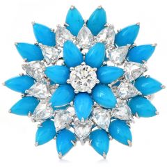Estate Diamond  Turquoise 18K White Gold Halo Flower Cocktail Ring