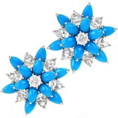 Estate Diamond Turquoise 18K White Gold Flower Halo Stud Earrings