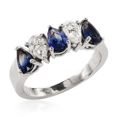Estate Pear Cut Diamond Blue Sapphire 18K Gold Band Ring