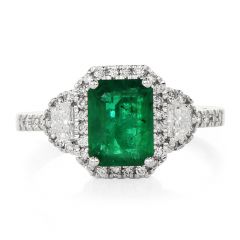 Emerald Half-Moon Diamond Platinum 18k Gold Ring