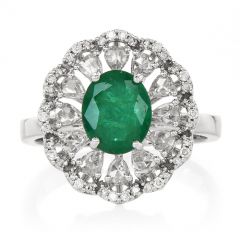 Estate Lady Diana Style Emerald Diamond 18 Karat White Gold Ring 