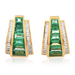 Diamond 3.25ct Emerald 18K Yellow Gold Channeled Half Hoop Stud Earrings 