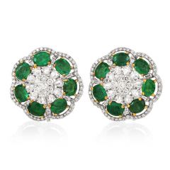 Estate Flower Emerald Diamond 18K Gold Stud Earrings