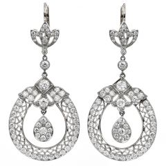 Estate Diamond Platinum Round Drop Sparkle Dangle Earrings
