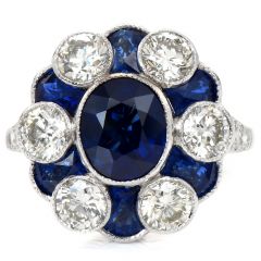 Vintage Diamond Blue Sapphire 18K White Gold Flower Cocktail Ring