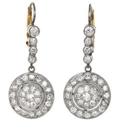 Estate Diamond Platinum Round Pave Dangle Drop Earrings