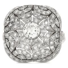 Vintage Art Deco Diamond Platinum Spiderweb Cushion Design Cocktail Ring