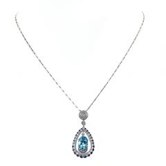  Diamond Aquamarine Pendant Sapphire 18K White Gold Drop Chain Necklace