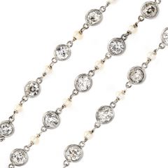 Vintage Old European Diamond Seed Pearl Platinum "Diamond by the Yard" Link Chain Necklace