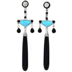 Vintage Old Diamond Onyx Turquoise Platinum Dangle Drop Long Earrings