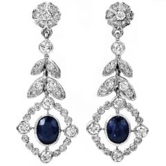 Estate Diamond Blue Sapphire 18K White Gold Flower Dangle Drop Earrings