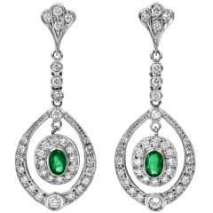 Estate Diamond Emerald Platinum Crown Halo Dangle Drop Earrings 
