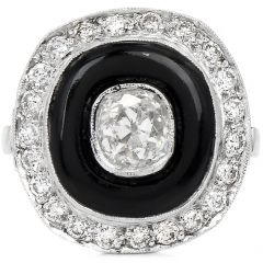 Vintage Old Cut Diamond Onyx Platinum Double Halo Cocktail Engagement Ring