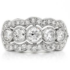 Vintage Diamond Platinum Five Stone Halo Band Cocktail Ring
