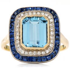 Estate Aquamarine Diamond Blue Sapphire 18K Yellow Gold Double Halo Cocktail Ring