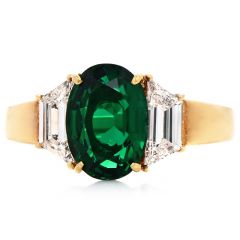 GIA Natural No Oil Deep Green Emerald Trapeze Diamond 18K Ring