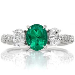  Colombian Emerald Diamond Platinum Three Stone Ring